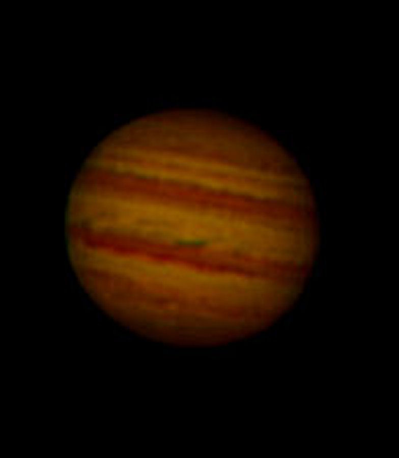 Jupiter by Phil Rourke. Taken on 11.03.15 at 2332 local time.  The North Polar Region, North Temperate Belt. North Equatorial Belt, Equatorial Zone, South Equatorial Belt and South Polar Region are clearly seen on this image. Camera is Philips Toucam Pro (an old camera) designed as a web camera but gives good results for planetary and lunar work, fitted to an 8” f/5 relector with a 4x Barlow making it f/20.  15 frames per second, 1800 frames collected and 400 used in the stacking process.  Registax 6 used for stacking.